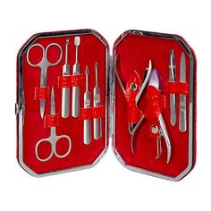 A 10-piece tool set for creating a flawless manicure.This deluxe manicure set gives you all the essentials to create your perfect manicure at home. Each tool is full size and fits comfortably in your hand. The set comes in a Beautiful Red "Crocodile" Hard case for safe travel and storage.This set contains:Cuticle nipperNail ClipperStainless steel nail scissorStainless steel cuticle scissorTweezerNail file2 cuticle pushersCuticle trimmerUnder nail trimmerFeatures: Easy CareBase Material: 100% Pla Aerin Perfume, Steel Nails, Duck Nails, Manicure Kit, Manicure Set, Manicure At Home, Tool Set, Nail Care, Nail Art Designs