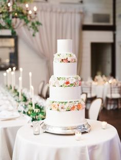 a white wedding cake sitting on top of a table