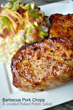 barbecue pork chops and loaded baked potato salad on a white plate with text overlay