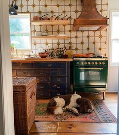 a dog laying on the floor in front of a stove top oven and countertop