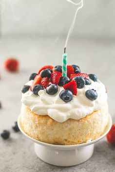 a cake with strawberries and blueberries on top is lit by a single candle