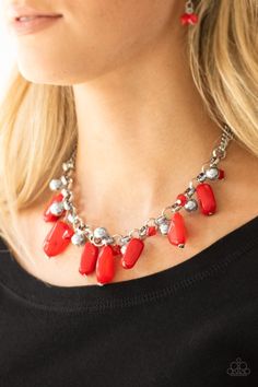 Featuring polished and cloudy finishes, a collection of red faux rocks dance from the bottom of a bold silver chain. Classic silver beads trickle between the colorful beading, adding a metallic shimmer to the whimsical fringe. Features an adjustable clasp closure. Sold as one individual necklace. Includes one pair of matching earrings. p2wh-rdxx-213xx Paparazzi Jewelry Images, Paparazzi Accessories Jewelry, Faux Rock, Rock Necklace, Red Necklace, Fashionable Jewelry, Paparazzi Accessories, Chic Jewelry, Paparazzi Jewelry