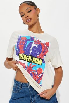 Available In Cream. Crew Neck Short Sleeve Front Screen Stretch Disclaimer: Due To The Printing Process A Difference In Saturation May Occur. Each Garment Is Unique. 100% Cotton Imported | Classic Spiderman Spidey Senses Tee Shirt in Cream size 1X by Fashion Nova Relaxed Fit Graphic Print Tops Pop Culture, Pop Culture Graphic Print Tops In Relaxed Fit, Relaxed Fit Graphic Print Tops For Pop Culture, Relaxed Fit Graphic Tee With Character Print, Pop Culture Screen Print Tops With Relaxed Fit, Relaxed Fit Crew Neck Top With Character Print, Pop Culture Printed Summer Tops, Relaxed Fit Tops With Character Print And Short Sleeves, Cotton Pop Culture Tops For Summer