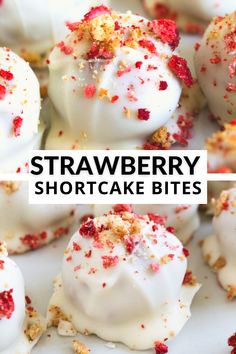 strawberry shortcake bites with white frosting and sprinkles on top are shown