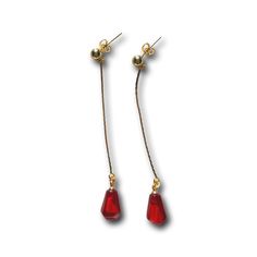 "POM Noor gold plated stud dainty drop earrings with a single delicate Pomegranate hanging off. length drop about 3\" long" Crystal Drop Earrings With Dangling Beads, Elegant Teardrop Earrings With Dangling Beads Gift, Elegant Gift Teardrop Earrings With Dangling Beads, Elegant Red Jewelry With Dangling Charms, Single Dangle Teardrop Earring As Gift, Minimalist Earrings With Dangling Beads As Gift, Gold Plated Drop Linear Earrings, Drop Shape Dangling Beads Jewelry Gift, Dangling Beads Drop Jewelry Gift