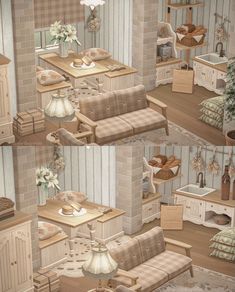 three different views of a kitchen and dining room