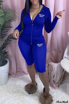 Olivia Mark - Premium Two-Piece Set: Blue Printed Long Sleeve Hooded Top with Matching Bottoms Green Two Piece, Blue Two Piece, Two Piece Short Set, Black Two Piece, Casual Sportswear, Hooded Tops, Plus Size Casual, Black Print, Two Pieces