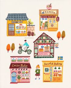 an illustration of a small town with shops