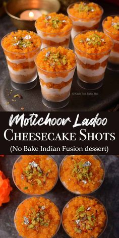 cheesecake shots are served in small cups with nuts on top