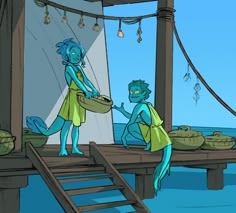 two cartoon characters standing on a dock near the ocean, one holding onto another character's hand