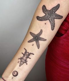 a woman's arm with three starfishs and shells tattoo on the wrist