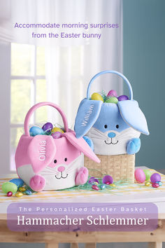 an easter basket with two stuffed rabbits in it and the title,'the personalized easter basket accommodate morning surprises from the easter bunny