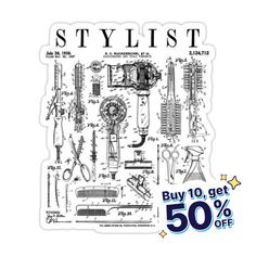 the stylist sticker is shown in black and white with an image of various tools