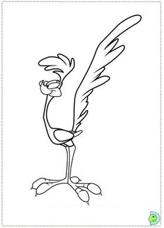 a cartoon bird with big wings standing on one leg and looking to the side, outlined in black and white