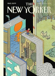 the new yorker magazine cover shows an open book with people on it and animals in the background