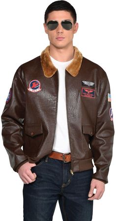 PRICES MAY VARY. Top Flight Fighter Pilot: Party City's Maverick Bomber Jacket for Adults transforms you into a top flight fighter pilot. This high-quality jacket ensures you look just like Maverick from Top Gun. Size Standard Detailed Design: The faux leather jacket features a faux fur collar, front zipper closure, functional front pockets, and six sewn-down patches straight out of Maverick's fighter pilot school. These details add authenticity to your look. Versatile Use: Ideal for Halloween, Men Halloween Costume, 80s Mens Fashion, Rocker Costume, Mens 80s, Hollywood Costume, Men Halloween, 80s Mens, Halloween Costume Accessories, Mens Halloween Costumes