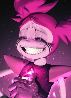 a cartoon character with pink hair holding a knife in his right hand and smiling at the camera