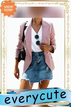 Pink Double-breasted Stand Collar Blazer Spring V-neck Blazer With Double Button Closure, Summer Button-up Blazer With Double Button Closure, Trendy Summer Blazer With Button Closure, Spring V-neck Blazer With Button Closure, Summer Fitted Blazer With Double-breasted Button Fastening, Chic Summer Blazer With Button Closure, Fitted Double-breasted Blazer For Summer, Summer Office Blazer With Button Closure, Summer Office Blazer With Buttons