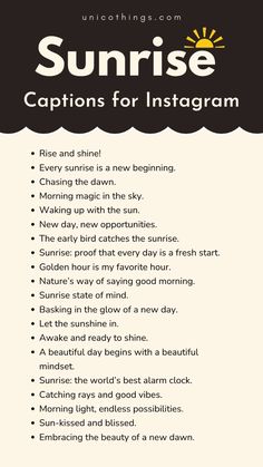 the sunrise caption for instagram is shown in black and white with text