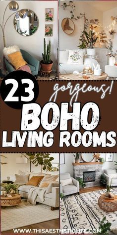 the living room is decorated in white and brown colors with plants, couches, rugs and mirrors