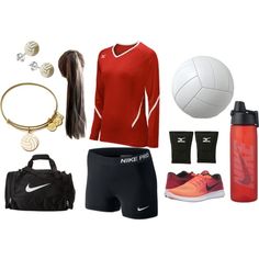 a woman's athletic gear including a red shirt, black shorts and white sneakers