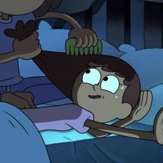 an animated image of a woman laying in bed with her head on the arm of another person