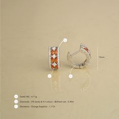 Gold(14K) : 4.11gDiamonds : (VS clarity & H-I colour) : (Brilliant cut ) : 0.40ctGemstone : Orange Sapphire : 1.17ct Diamond Gemstone Earrings Round Cut, Dazzling Cubic Zirconia Diamond Earrings, Formal Cubic Zirconia Huggie Earrings With Halo Design, Formal Fine Jewelry Huggie Earrings With Gemstones, Dazzling White Gold Diamond Gemstone Earrings, Dazzling White Gold Diamond Earrings With Gemstone, Sapphire Diamond Earrings For Anniversary, Cubic Zirconia Gemstones With Diamond Accents In White Gold, White Gold Cubic Zirconia Gemstones With Diamond Accents