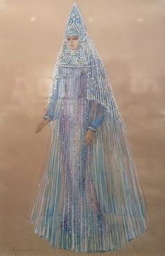 a drawing of a woman wearing a blue dress and headdress, standing in the sand