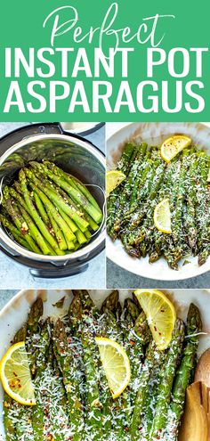 asparagus with lemons and parmesan cheese on top in a pan