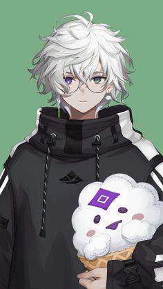 an anime character with white hair and glasses holding a cupcake