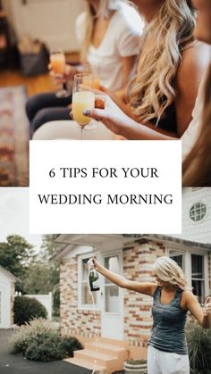 a woman holding a glass of orange juice with the words 6 tips for your wedding morning