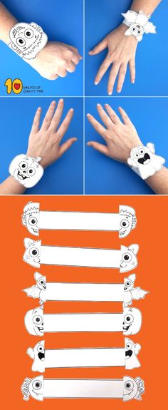 four different images of hands with wristbands on each one and the other two