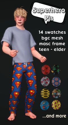 the boy is wearing superman pajamas and has his hands on his hips while standing in front of some buttons