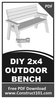 a wooden bench with the text diy 2x4 outdoor bench