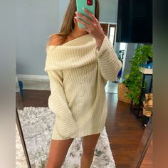 Cream Knit Sweater Dress Worn Off The Shoulder. New With Tags. Crème Sweater Dress, Cream Sweater Dress Outfit, Sweater Dress With Boots, Off The Shoulder Sweater Dress, Wardrobe List, Cute Oversized Sweaters, Cute Sweater Dress, Cute Sweater Dresses, Vici Dress