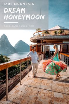 a man and woman standing on a balcony with the words jade mountain dream honeymoon