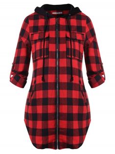 Plus Size High Low Hem Plaid Hooded Jacket - LAVA RED L Hooded Coats, Round Neck Casual Dress, Lantern Sleeved Blouses, Long Sleeve Denim Shirt, Longline Coat, Short Sleeve Jumpsuits, Casual Cardigans, Fashion Plus Size, Trendy Plus Size Clothing