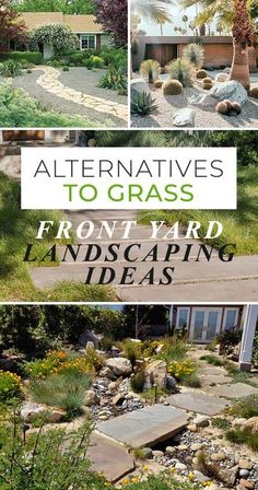 the front yard landscaping ideas book is shown in three different pictures, including rocks and trees