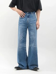 Revive your denim collection with the Vintage Acid Crease-Effect Straight-Leg Denim Jeans, where classic design meets contemporary edge. These jeans boast a sturdy denim construction with a unique acid wash and crease effect that provide a nod to vintage aesthetics while asserting a modern twist. The detailed dimensional cut gives them an authentic feel, and the lack of elasticity ensures a true-to-size fit for maximum confidence in your everyday stride. Perfect for casual outings or creative wo Washed Denim Blue Flare Jeans In Recycled Denim, Faded Washed Flare Jeans In Recycled Denim, Washed Denim Flare Jeans, Washed Denim Blue Flare Jeans, Acid Wash Denim Jeans For Fall, Faded Denim Flare Jeans With Standard Cut Leg, Faded Denim Flare Jeans, Acid Wash Denim Flare Jeans, Washed Blue Denim Flare Jeans