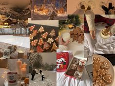 a collage of photos with gingerbread cookies and people in the snow at night