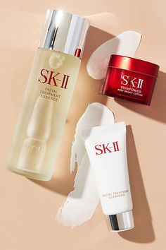 This three-piece set features SK-II's Pitera Facial Treatment Essence, Facial Treatment Cleanser, and Skinpower Airy Milky Lotion. Ideal for all skin types, the trio helps to combat dark spots, fine lines and wrinkles, and dryness. Treatment Cleanser: Apply morning and evening before toner. Treatment Essence: Apply after toner and before moisturizer in the morning and evening. Skinpower Lotion: Use morning and evening after serum and before eye cream. | PITERA Power Set by SK-II in White at Anth Sk Ii Essence, Sk Ii Skincare, Chanel Hydra Beauty, Wedding Skincare, Glowing Skin Secrets, Skin Care Collection, Skincare Brands, Sk Ii, Beauty Gadgets