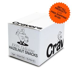 a box of crave's hazelnut snacks on a white background with an orange tag