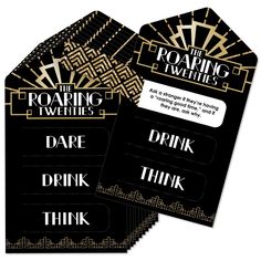 four black and gold coasters with the words roaring twenties on them