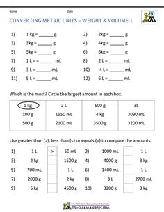 the worksheet for measuring units and volumes is shown in this file, which shows