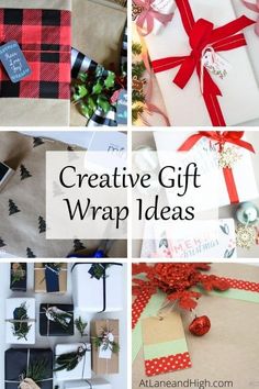 several different wrapped gifts with the words creative gift wrap ideas