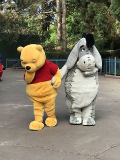 two people in winnie the pooh and eeo costumes standing next to each other