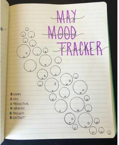 an open book with writing on it that says may mood trackerr in purple ink