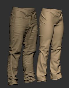 three different views of the same pants, one in brown and one in tan color