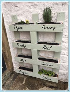 an old pallet is used as a planter to hold herbs and other plants