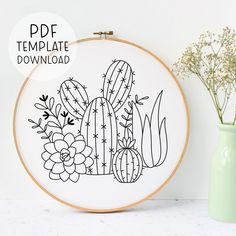 a cross stitch pattern with a cactus and succulents in the center, on a white background